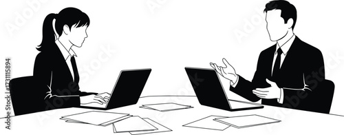 Business meeting, office teamwork, professional collaboration, laptop discussion, corporate planning, executive strategy, workplace communication, document review, brainstorming session