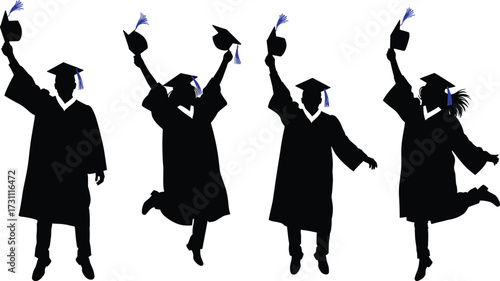 Graduation silhouettes celebrating academic achievement, students throwing caps, joyful commencement ceremony, diverse graduates jumping in gowns with raised hands proudly