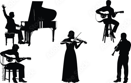 Silhouette musicians performing instruments, classical violin player, pianist at grand piano, acoustic guitarists seated, clarinet soloist ensemble illustration, music performance