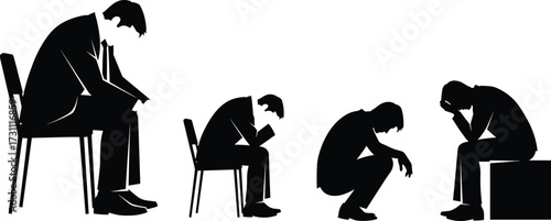 Silhouette, depression, stress, anxiety, despair, burnout, mental health, sadness, loneliness, hopelessness, corporate struggle, emotional pain, workplace pressure, fatigue, crisis