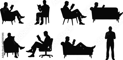 Silhouettes of people reading, seated in chairs, relaxing with books, indoor leisure, black figures, minimalist design, education, lifestyle, calm