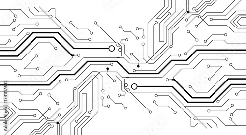 Circuit board illustration with intricate wiring and connections on a white background.