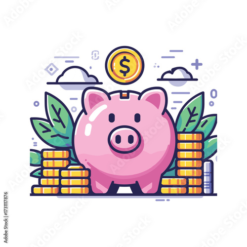Piggy bank surrounded by coins and leaves in nature