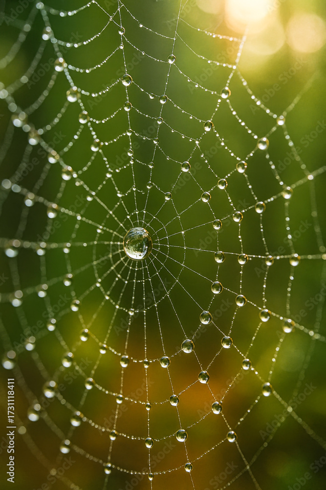 Obraz premium AI Generated image of a delicate spider web covered in dew drops, glistening in the morning light.