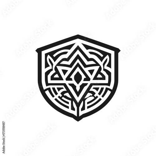 Intricate geometric shield design with floral elements