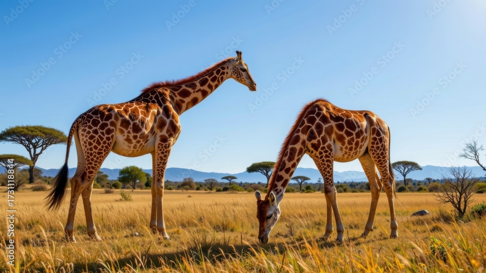 Obraz premium Two giraffe standing and grazing in golden savanna grassland, acacia tree and mountain in background, clear blue sky, peaceful wildlife scene