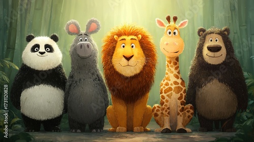 Wallpaper Mural Cartoon animals panda mouse lion giraffe bear standing in a row. Torontodigital.ca