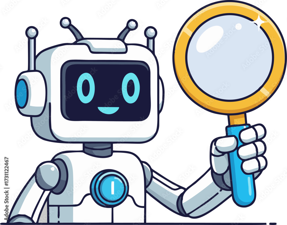 Naklejka premium Cute robot is holding a magnifying glass isolatrd on transparent background