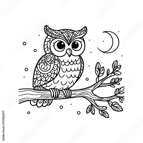 Intricate owl illustration perched on a branch at night