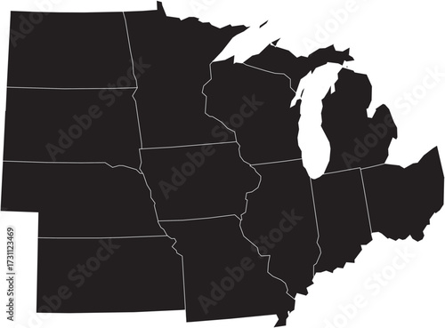 Mid West States of USA Silhouette Isolated Map