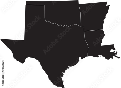 West South Central States of USA Silhouette Isolated Map