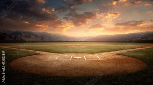 Serene Baseball Field at Sunset with Dramatic Clouds and Mountain Landscape in the Background