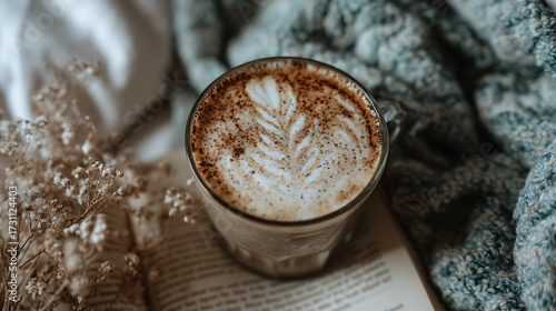 A cup of coffee with a leaf design on top sits on a bed with a book nearby