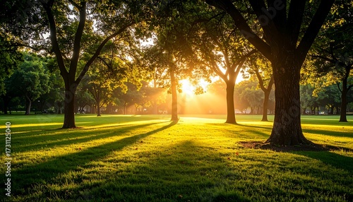 Fototapeta Naklejka Na Ścianę i Meble -  Lush parkland bathed in golden sunlight