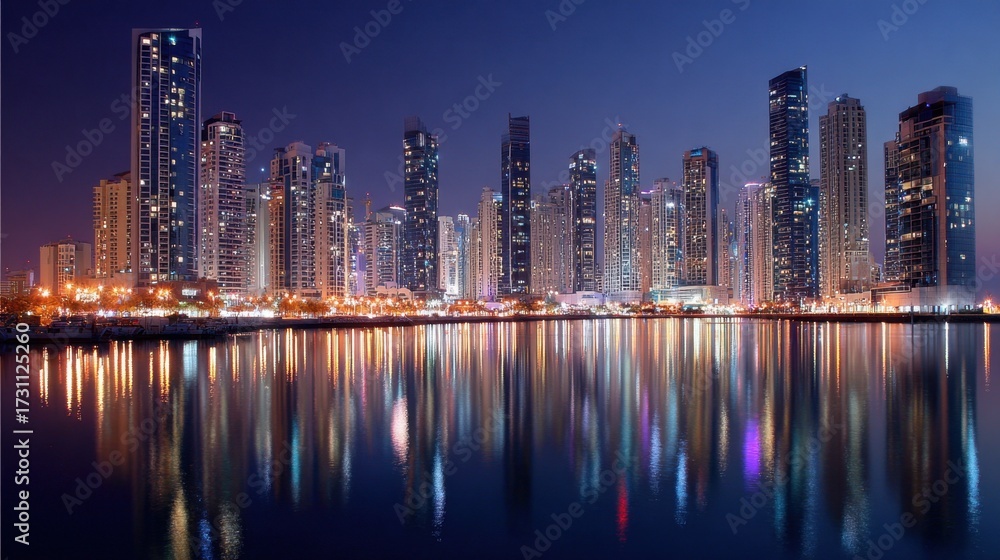 Fototapeta premium Vibrant Cityscape at Night with Reflections in Water, Skyscrapers Illuminated by City Lights