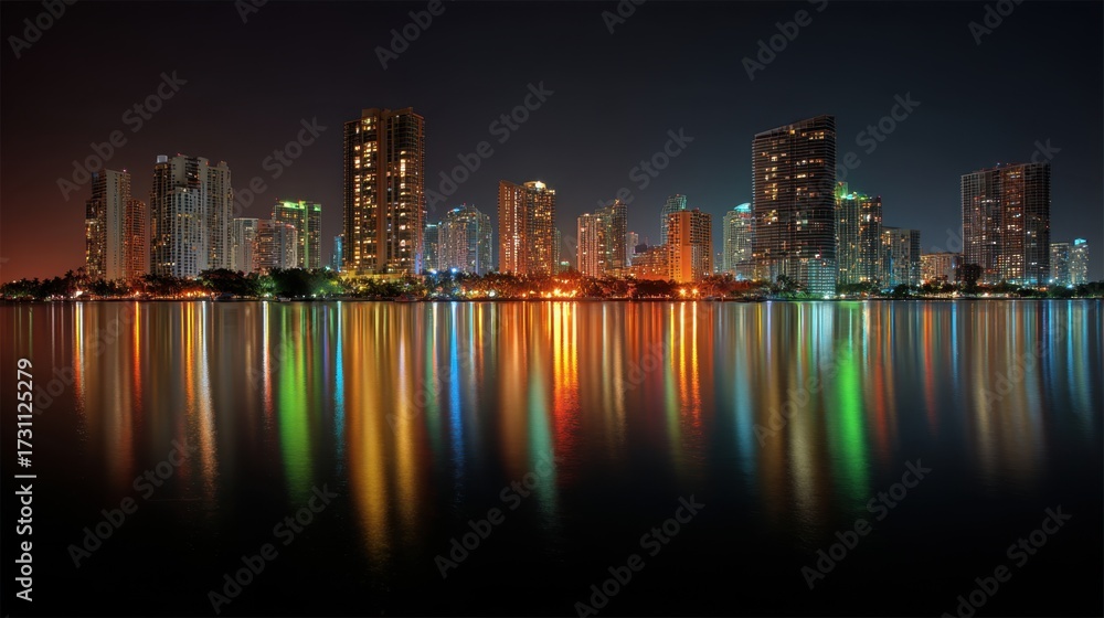 Fototapeta premium Vibrant City Skyline Reflected in Water at Night with Colorful Lights and Modern Architecture