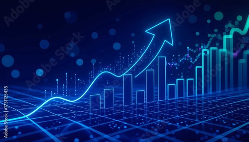 A bold arrow signifies market success in the realm of modern finance. The interconnected network processes data instantly, showcasing the peak potential of modern technology