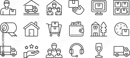 Collection of black and white line art ecommerce icons set