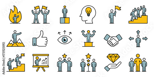 Business leadership strategy and success icons symbolizing teamwork and vision