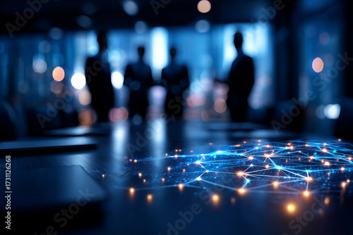 Business meeting with digital network visualization, showcasing collaboration and innovation
