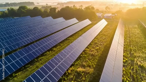 Aerial view of solar panels in field at sunrise or sunset