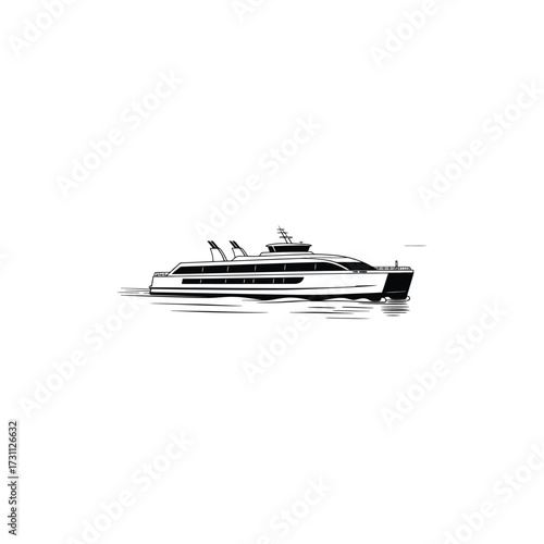 Sleek Modern Ferry Boat Gracefully Gliding Across Calm Waters A Monochrome Maritime Scene with Artistic Lines and Detailed Design
