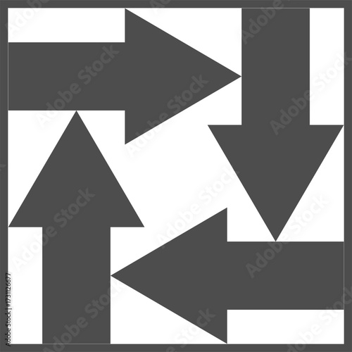 A minimalist, square vector icon featuring four dark gray arrows arranged in a clockwise cyclic pattern, pointing towards the center. Represents rotation, exchange, process, or a cycle