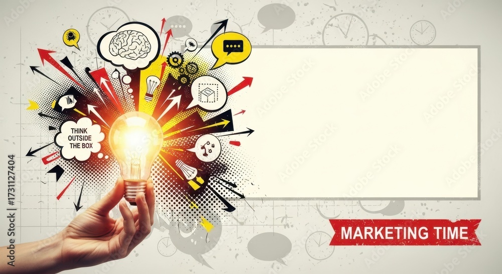 Fototapeta premium Trendy Halftone Collage Hand holds lightbulb. Creative mind or brainstorm. Create creative idea concept. Business solutions. Think outside the box. Marketing time. with empty large copy space 