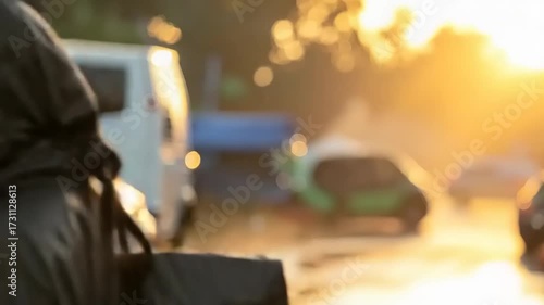 Asian woman in hooded jacket with sunlight background