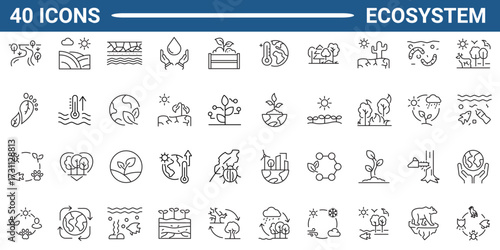 Set of 40 outline icons related to ecosystem. Linear icon collection. Editable stroke. Vector illustration.