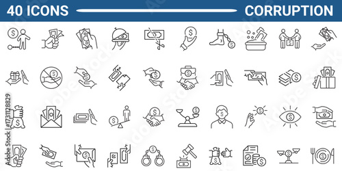 Set of 40 outline icons related to corruption. Linear icon collection. Editable stroke. Vector illustration.