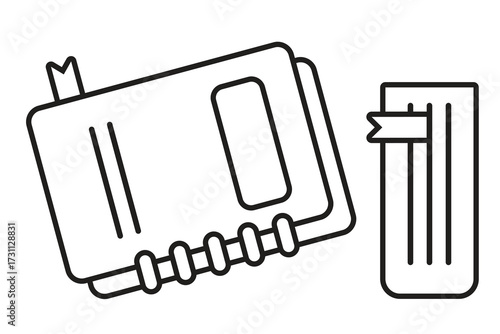 Vector illustration of books, notebooks, and journals with bookmarks in minimal outline style. Suitable for education, school, office, and stationery design.