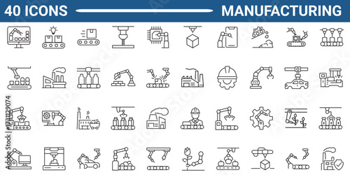 Set of 40 outline icons related to manufacturing. Linear icon collection. Editable stroke. Vector illustration.
