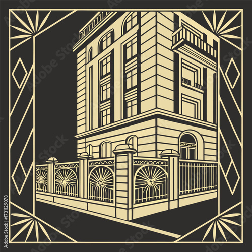 art deco building with balcony and decorative fence in vintage beige and black design