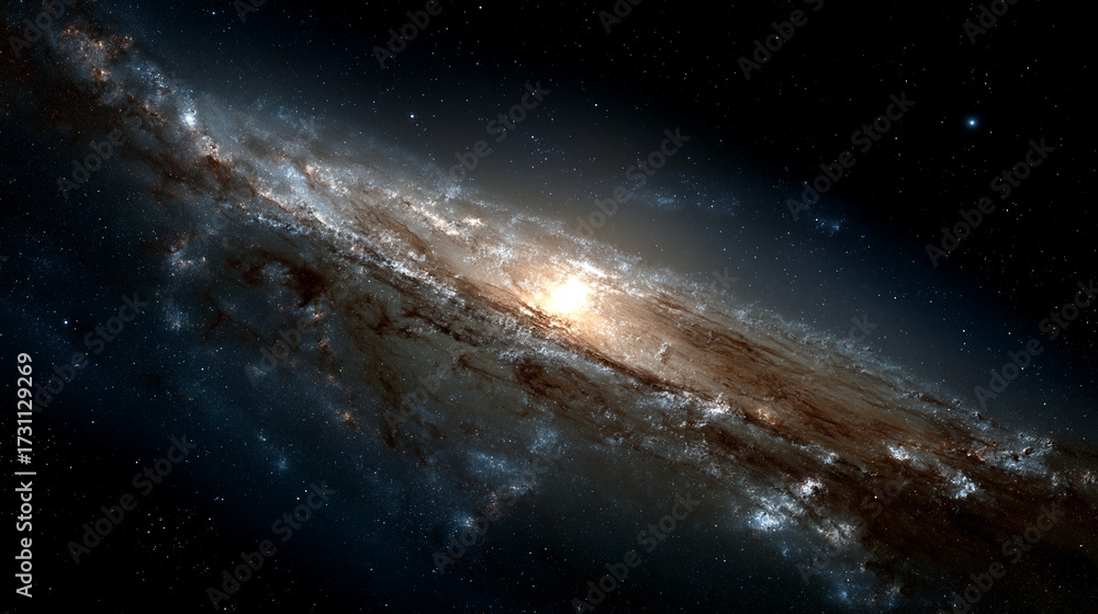Obraz premium Celestial Symphony: The grand expanse of a spiral galaxy unfolds, a cosmic ballet of stellar clusters, nebulas, and swirling stardust, illuminating the silent vastness of space.