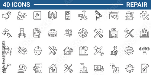 Set of 40 outline icons related to repair, maintenance, construction. Linear icon collection. Editable stroke. Vector illustration.