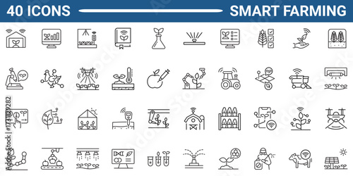 Set of 40 outline icons related to smart farming. Linear icon collection. Editable stroke. Vector illustration.