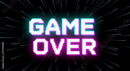 Retro Pixelated Game Over Text with Neon Glow and Digital Background