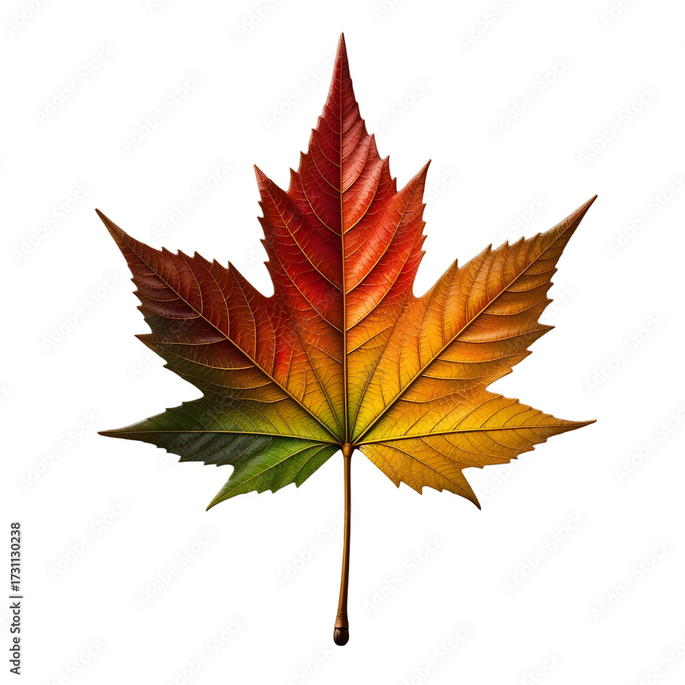 Fototapeta premium Single Leaf with Green-to-Crimson Gradient and Intricate Vein Pattern Seasonal Foliage Portrait Highlighting Nature’s Color Evolution