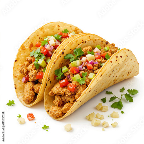 Two delicious ground chicken tacos with fresh salsa are presented on a white background.