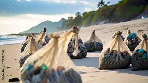 Beach clean up collected waste bags on shoreline against ocean