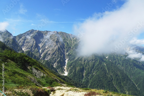 日本：八方尾根からの景色／万年雪がある「天狗の頭」／長野県白馬村・9月