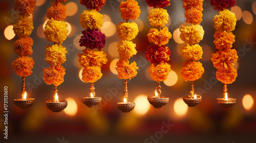 Diwali decoration ideas: marigold flower garland with diyas for festive celebrations