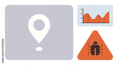 Location marker, triangular bug alert icon, and a line graph with peaks and valleys. Ideal for cybersecurity, data tracking, technology, navigation, analytics, quality control software testing