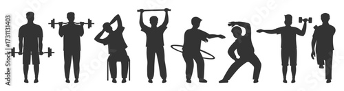 Older people play sports silhouette set. Elderly characters old men hobbies. Adult seniors running, morning exercises, gymnastics gym, cardio workout, yoga class, stretching jogging, strength training