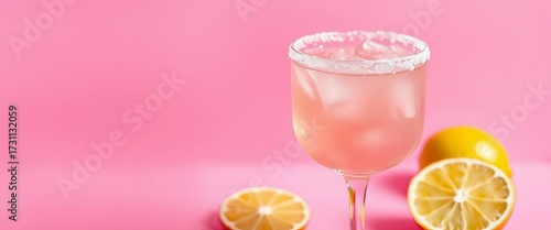 Pink salt rimmed margarita glass on pink background,   texture,  studio shot
