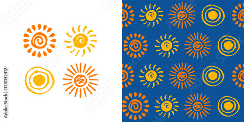 Sun icon grungy effect seamless pattern. Drawn paintbrush stroke sketch sun boundless background. Textured endless summertime ornament sun vector paper print fabric textile wrapper backdrop template