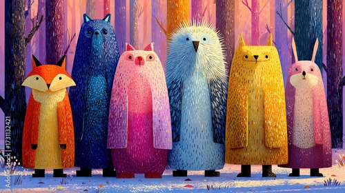 Cartoon animals stand together in a forest setting with snow and trees.