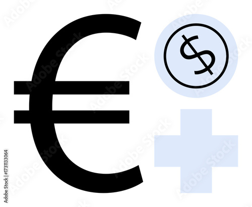 Euro symbol, dollar coin inside circle, and medical cross. Ideal for finance, currency exchange, healthcare, medical costs, international business economics investment. Simple flat metaphor