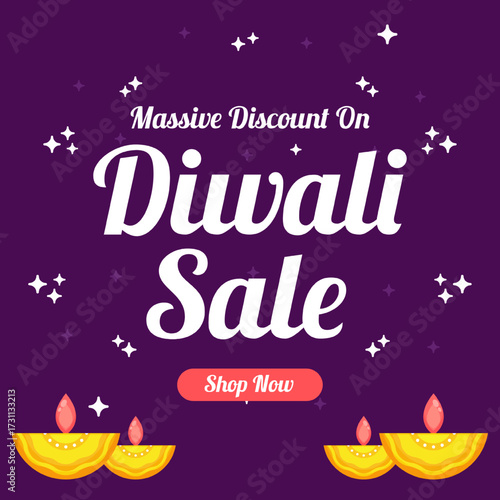 Purple Diwali sale banner with decorative oil lamps (diyas) at the bottom. Massive Discount on Diwali Sale. Shop Now.